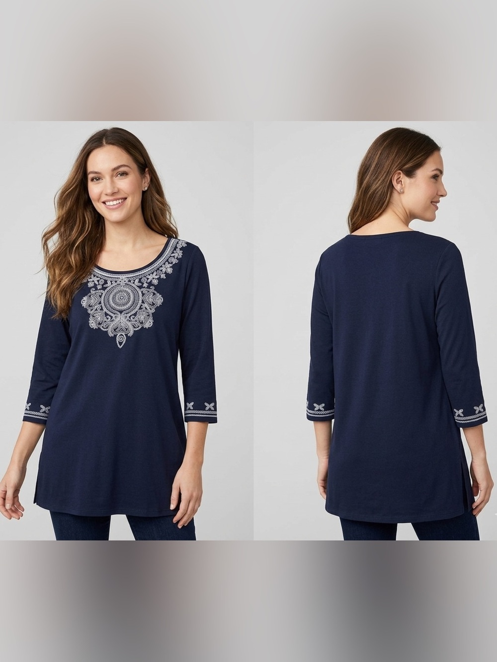 J.Jill Navy Blue Embroidered Tunic Top | Size XL | Cotton Modal Blend | Boho